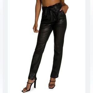 Good American black pleated front belted vegan faux leather pant Size 1